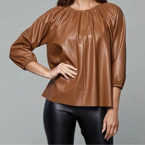 NEW DOLCE CABO Blakey Faux Leather Puff Sleeve Top Camel Brown Sz M/Lg